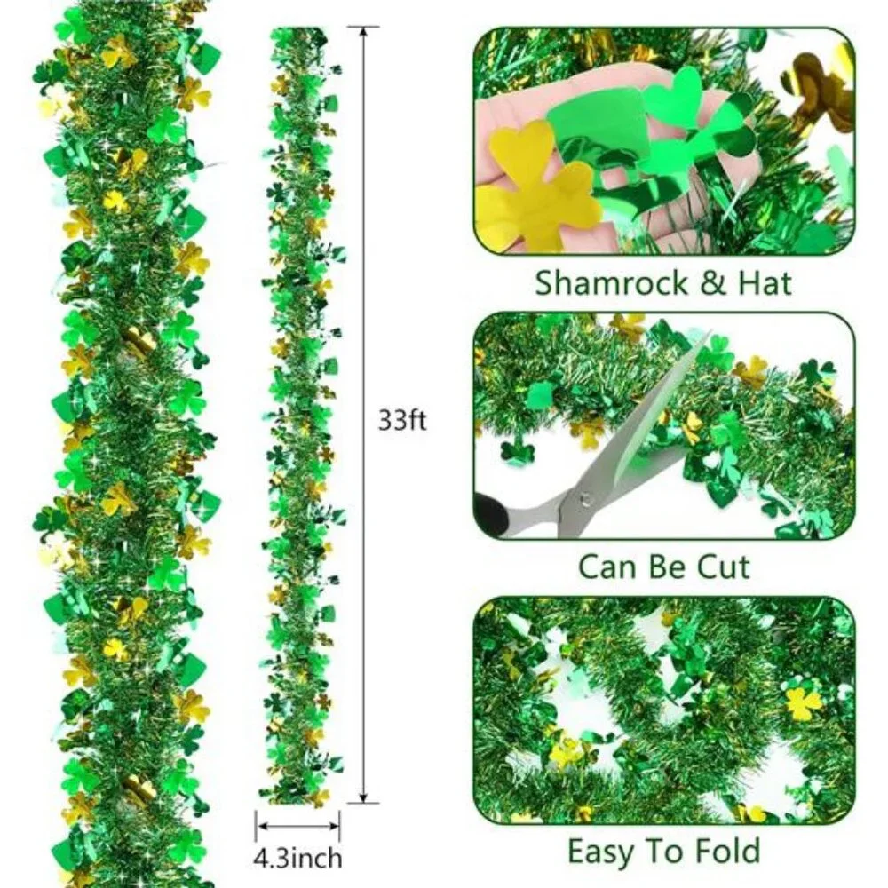 33 FT St Patricks Day Garland Decor Gold Green Shamrock Hat Tinsel Garland